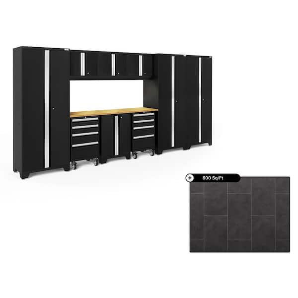 NewAge Products Bold Series 162 in. W x 76.75 in. H x 18 in. D Steel Cabinet Set in Black ( 10- Piece ) with 800 sqft Flooring Bundle