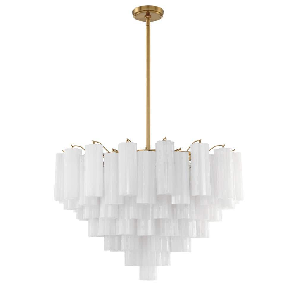 Aged Brass and White Tronchi Glass 16-Light Chandelier