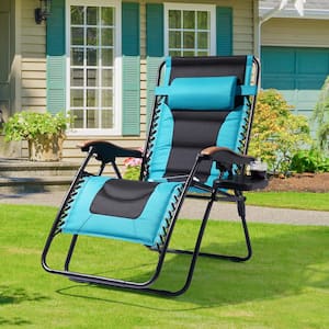Zero Gravity Metal Outdoor Lounge Chair with Lake Blue Cushion,Cup Holder Tray,Adjustable Headrest
