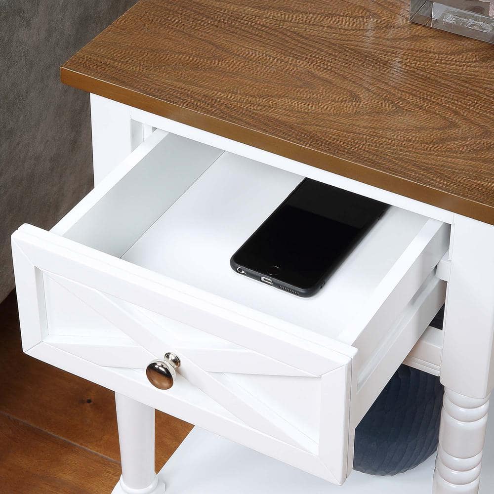 Driftwood and White Country End Table with Built-In Charging Station
