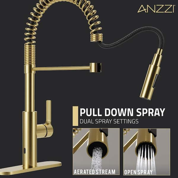 Ola Hands Free Touchless 1-Handle Pull-Down Sprayer Kitchen Faucet with Motion Sense and Fan Sprayer in Brushed Gold