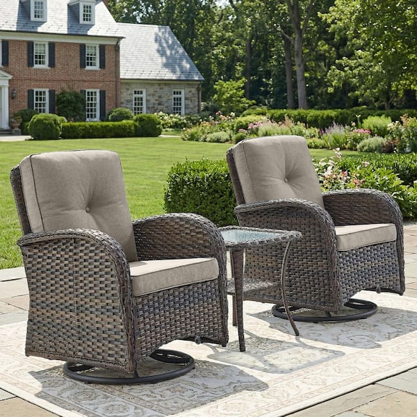 Brown 3-Piece Wicker Patio Conversation Set with Gray Cushions