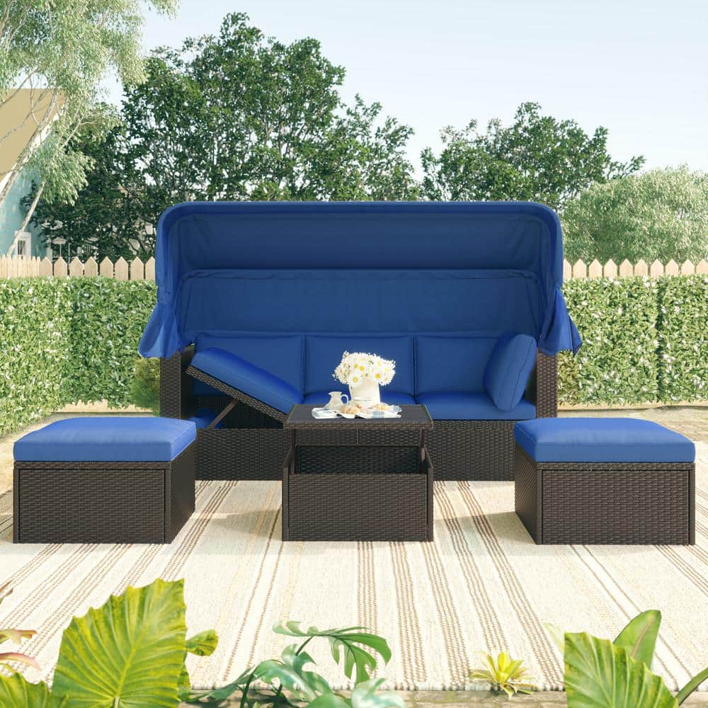 4-Piece PE Wicker Outdoor Day Bed with Blue Cushion and Retractable Canopy 