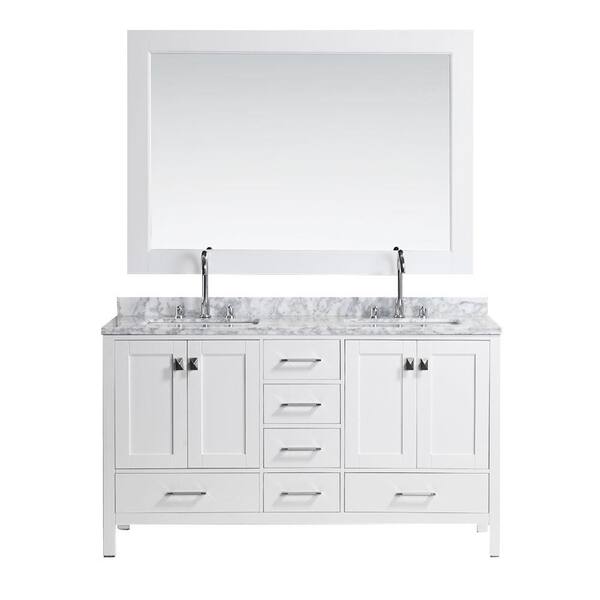 Design Element London 61 in. W x 22 in. D Double Vanity in White with Marble Vanity Top and Mirror in Carrara White