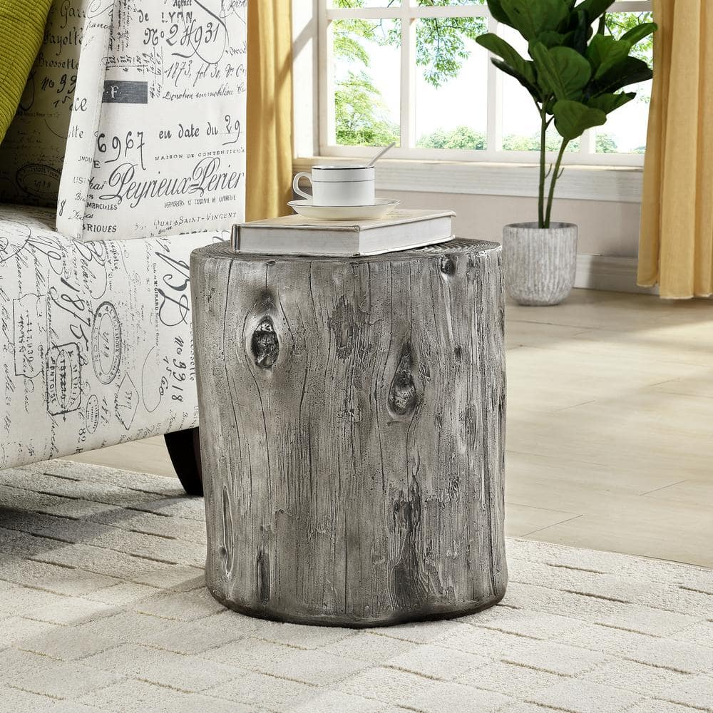 Rustic Weathered Gray Round Fir Wood & Metal End Table