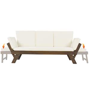 Brown Wood Outdoor Day Bed Sofa Adjustable Patio Chaise Lounge with Beige Cushions for Small Places