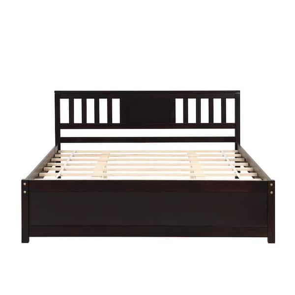 STICKON Espresso Brown Wood Frame Queen Platform Bed with Headboard
