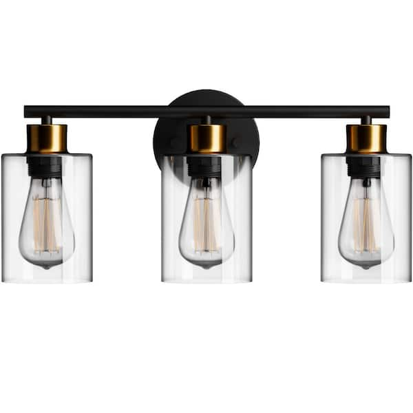 Tivleed 17.72 in. 3-Light Black and Gold Vanity Light with Clear Glass ...