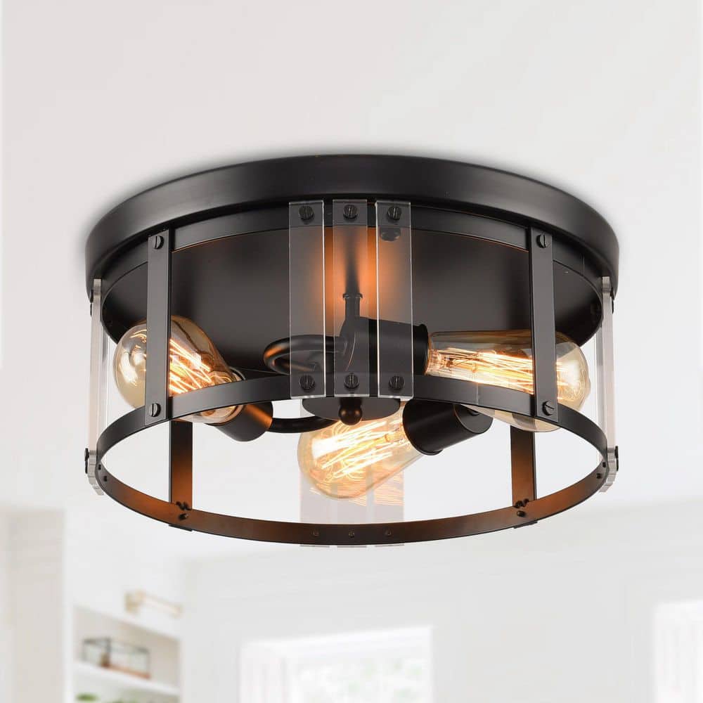 Parrot Uncle 13 in. 3-Light Indoor Matte Black Drum Flush Mount