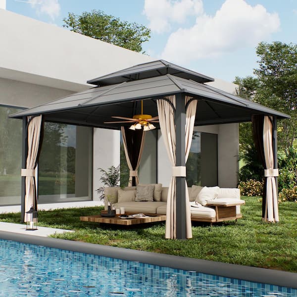 12 ft. x 14 ft. Hardtop Outdoor Gazebo with Double Galvanized Steel Roof, Included Mosquito Netting and Curtains