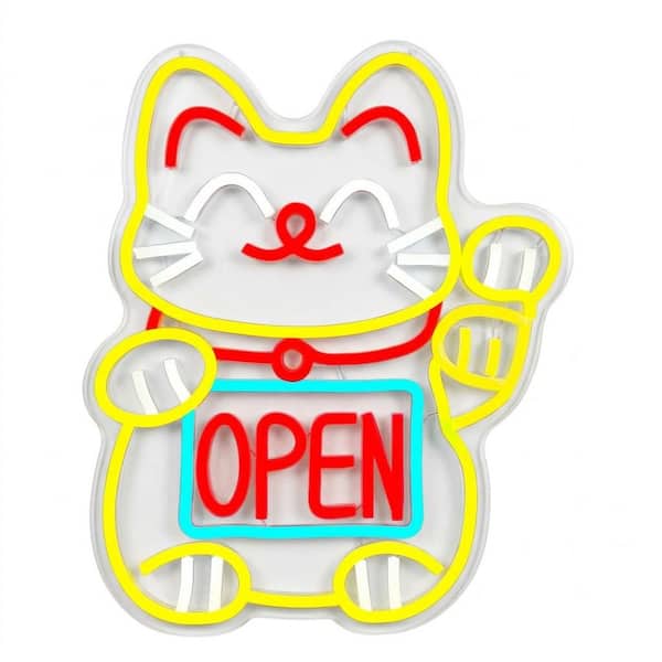 Open LED Neon Sign Motion-Activated Japanese Lucky Cat Maneki Neko Neon Light for Restaurant Shop Decor