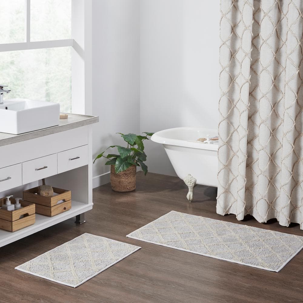 Oatmeal Tan Cotton Bath Mat with Geometric Pattern, 20x30