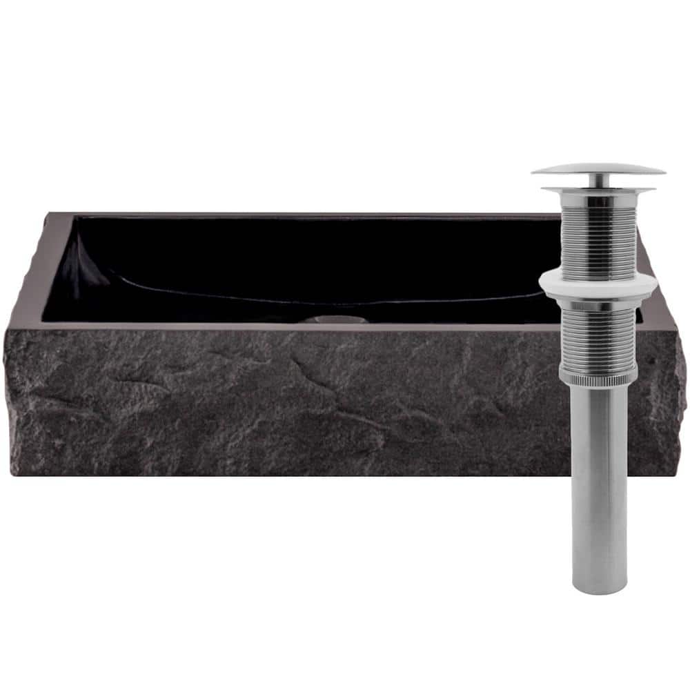 Novatto Square Black Granite Vessel Sink with Chiseled Exterior and