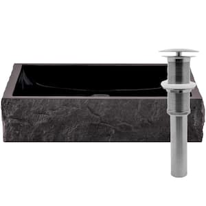 Square Black Granite Vessel Sink with Chiseled Exterior and Umbrella Drain in Brushed Nickel