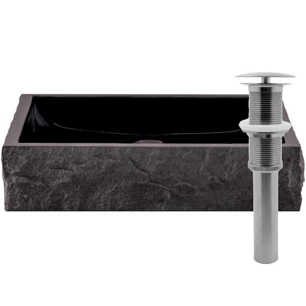 Novatto Square Black Granite Vessel Sink with Chiseled Exterior and Umbrella Drain in Brushed Nickel