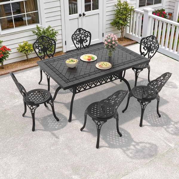 Willit Black 7-Piece of Cast Aluminum Outdoor Patio Dining Set with 59.06 in. x 35.43 in. Rectangular Table and Armless Chairs