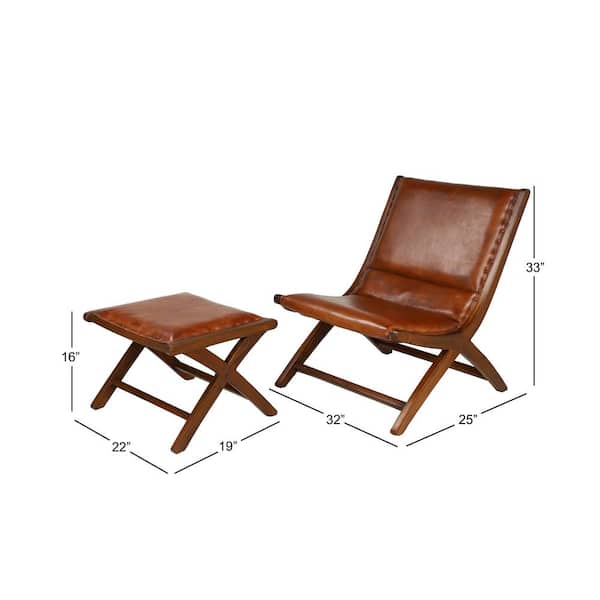 Litton Lane Golden Brown Teak Wood And, Brown Leather Chair And Ottoman