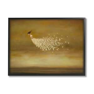 Elegant Woman Flying Doves Birds Dress Ochre Sky by Duy Huynh Framed People Art Print 30 in. x 24 in.