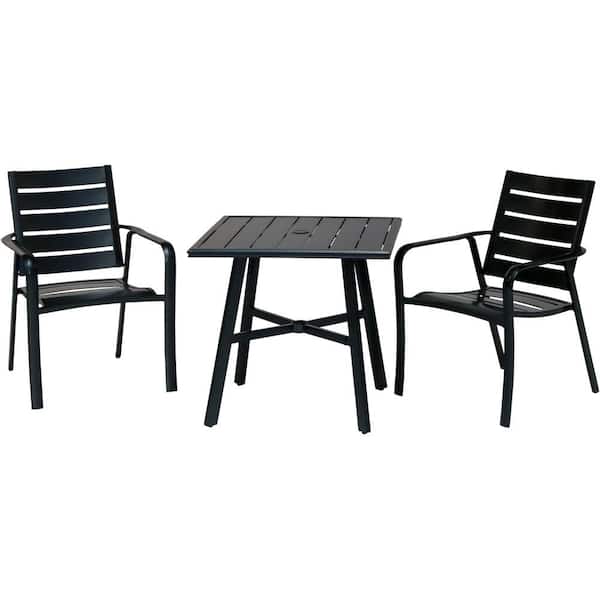 Hanover Cortino 3-Piece Commercial Rust-Free Aluminum Outdoor Bistro Set with Slat-Back Dining Chairs and 30 in. Slat-Top Table