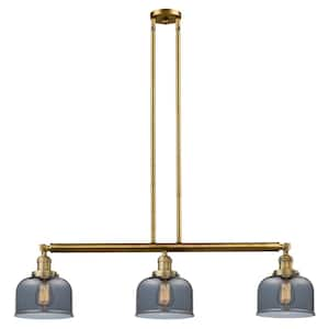 Bell 3-Light Brushed Brass Island Pendant Light with Plated Smoke Glass Shade