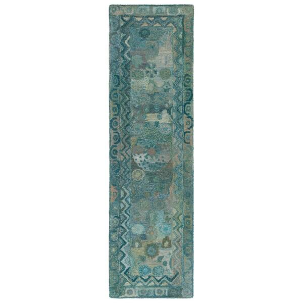 Anatolia 2 ft. x 8 ft. Aqua/Green Abstract Traditional Runner Rug