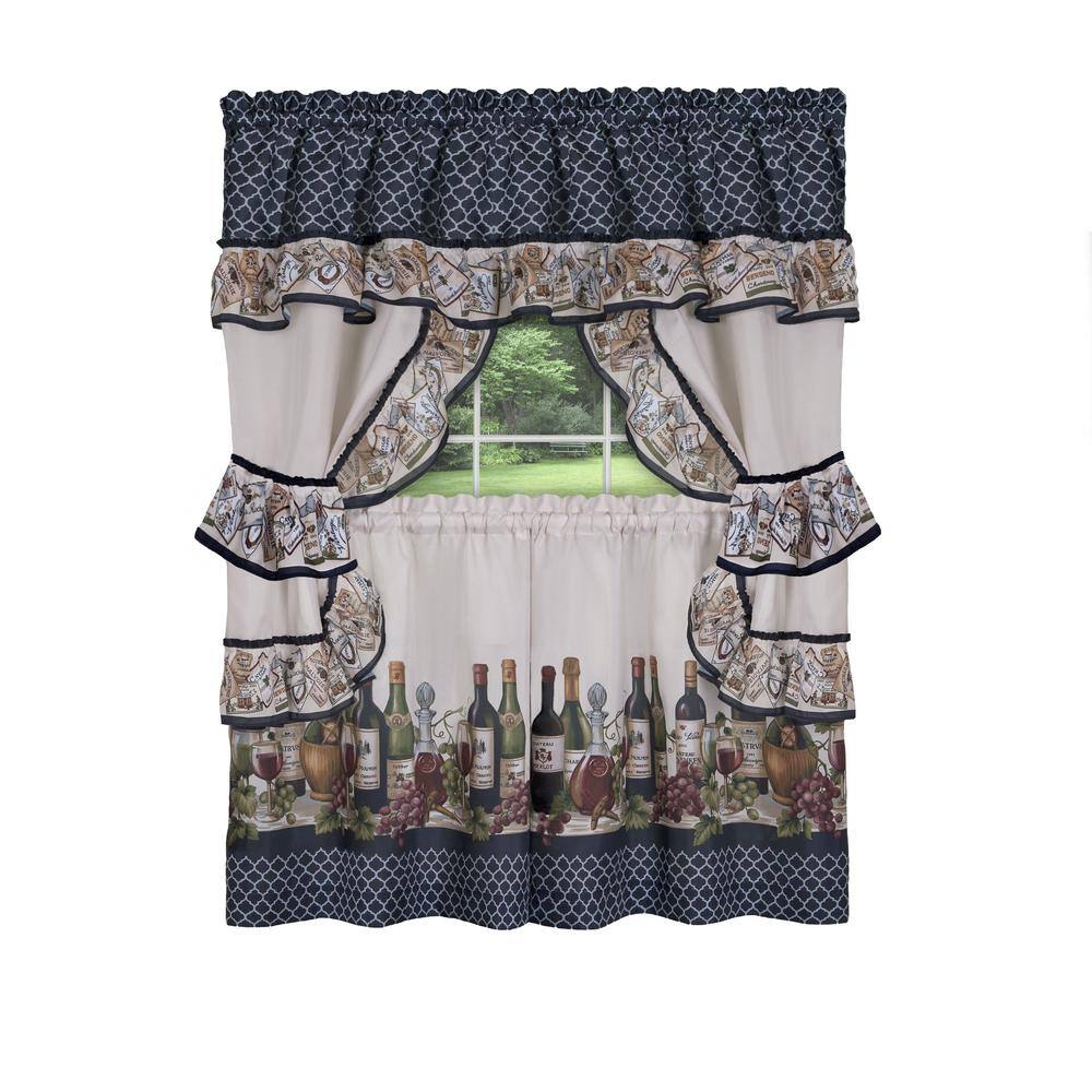Navy Floral Print Polyester Kitchen Tier Curtain Set
