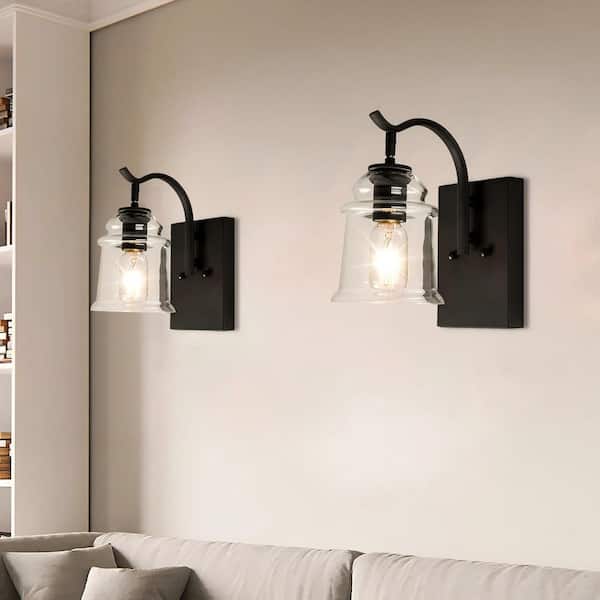 Maxax Houston 1-Light 5 in. W Black Dimmable Antique Armed Sconce With Glass Shade (2-Pack)