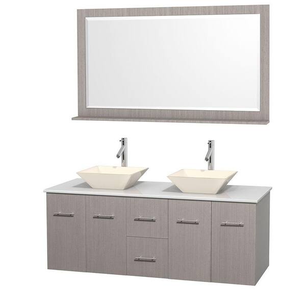 Wyndham Collection Centra 60 in. Double Vanity in Gray Oak with Solid-Surface Vanity Top in White, Bone Porcelain Sinks and 58 in. Mirror