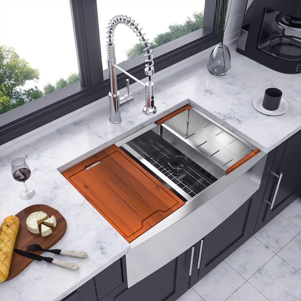 33 in. L x 22 in. W Farmhouse Apron Front Double Bowls 16 Gauge Stainless Steel Kitchen Sink in Brushed Nickel