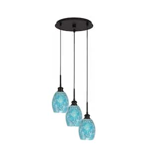 Albany 60-Watt 13.5 in. 3-Light Espresso Cord Pendant Light Turquoise Fusion Glass Shade