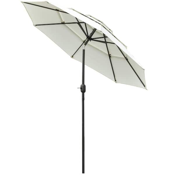 9 ft. 3-Tiers Patio Umbrella Outdoor Market Umbrella in Beige with Crank, Push Button Tilt for Deck, Backyard and Lawn