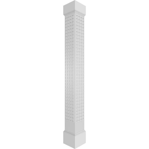 Ekena Millwork 7-5/8 in. x 10 ft. Premium Square Non-Tapered Manchester Fretwork PVC Column Wrap Kit w/Mission Capital and Base