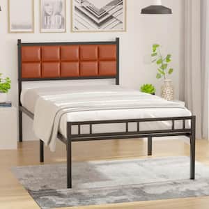 Bed Frame with PU Upholstered Headboard, Twin Platform Bedframes, Metal Slats Support No Box Spring Needed, Brown
