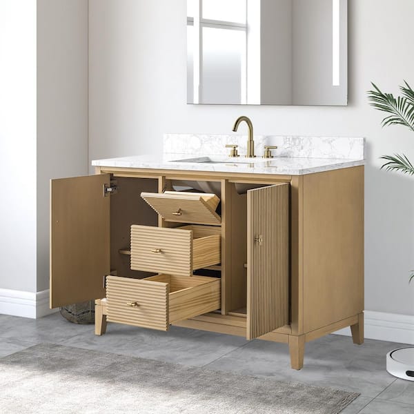 48 in. W x 34 in. H Single Sink Natural Oak Bath Vanity Cabinet with Arabescato White Engineered Marble Top