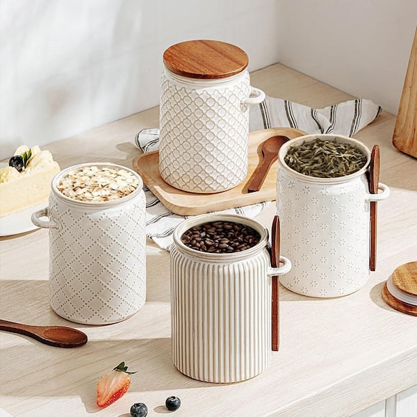 Small Canisters Sets for the Kitchen, Ceramic Kitchen Canisters for Countertop Set of 4 with Airtight Lids and Teaspoons