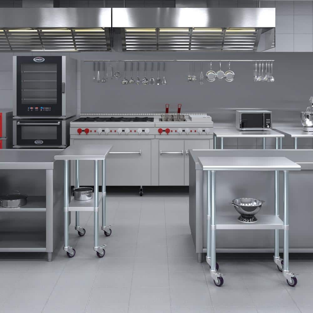 30" Silver Stainless Steel Mobile Prep Table with Open Base