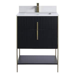 24 in. W x 18 in. D x 33.5 in. H Bath Vanity in Black Matte with White Sintered Stone Top with Satin Brass Hardware