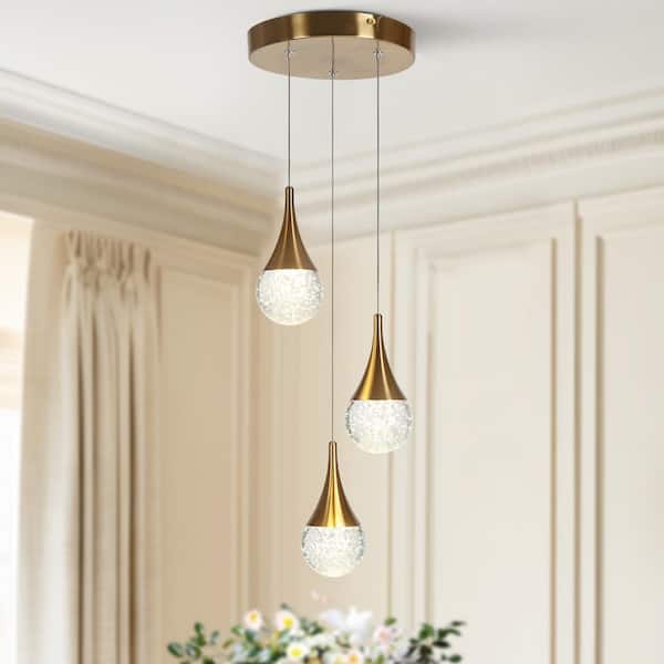 LNC Dandelion 3-Light Dimmable Integrated LED Plating Brass Chandelier for Dining Room