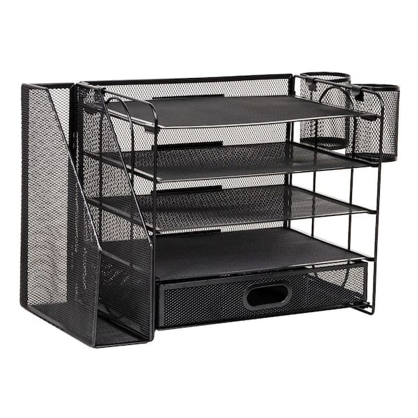 Mesh Desk Organizer, 4 Trays, 1 Drawer, File Holder, 2 Pen Cups, Office Desktop Organizer, Metal, Black