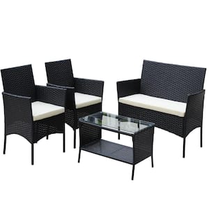 4-Piece Rattan Wicker Outdoor Bistro Patio Conversational Sofa Furniture Set with Beige Cushions