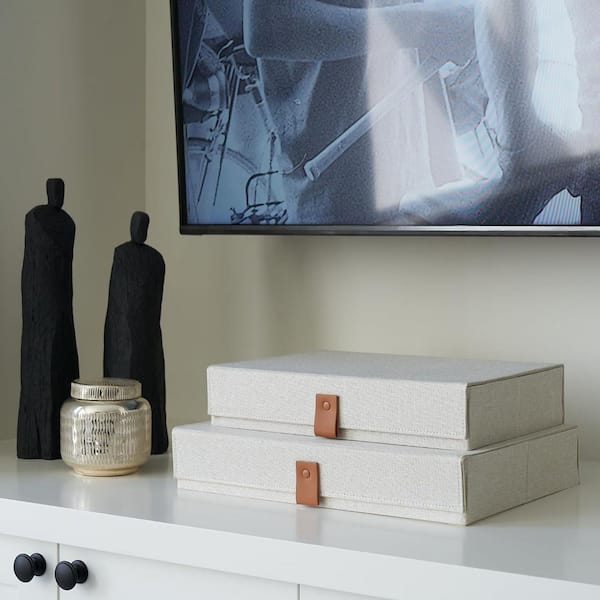 Unbranded Ivory 10.8 in. x 3.6 in. Linen Decorative Photo Storage Boxes with Lids (Set of 2)