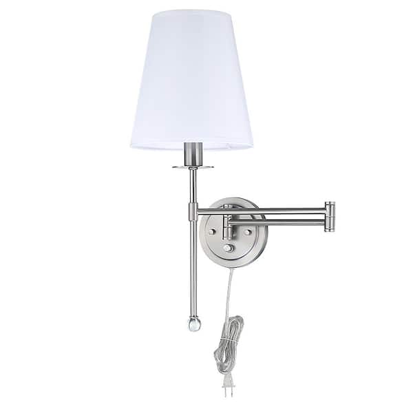 Hukoro Luna 1-Light Brushed Nickel Plug-In Swing Arm Wall Lamp with Fabric Shade and 72 in. Cord for Bedroom and Foyer 2 Pieces