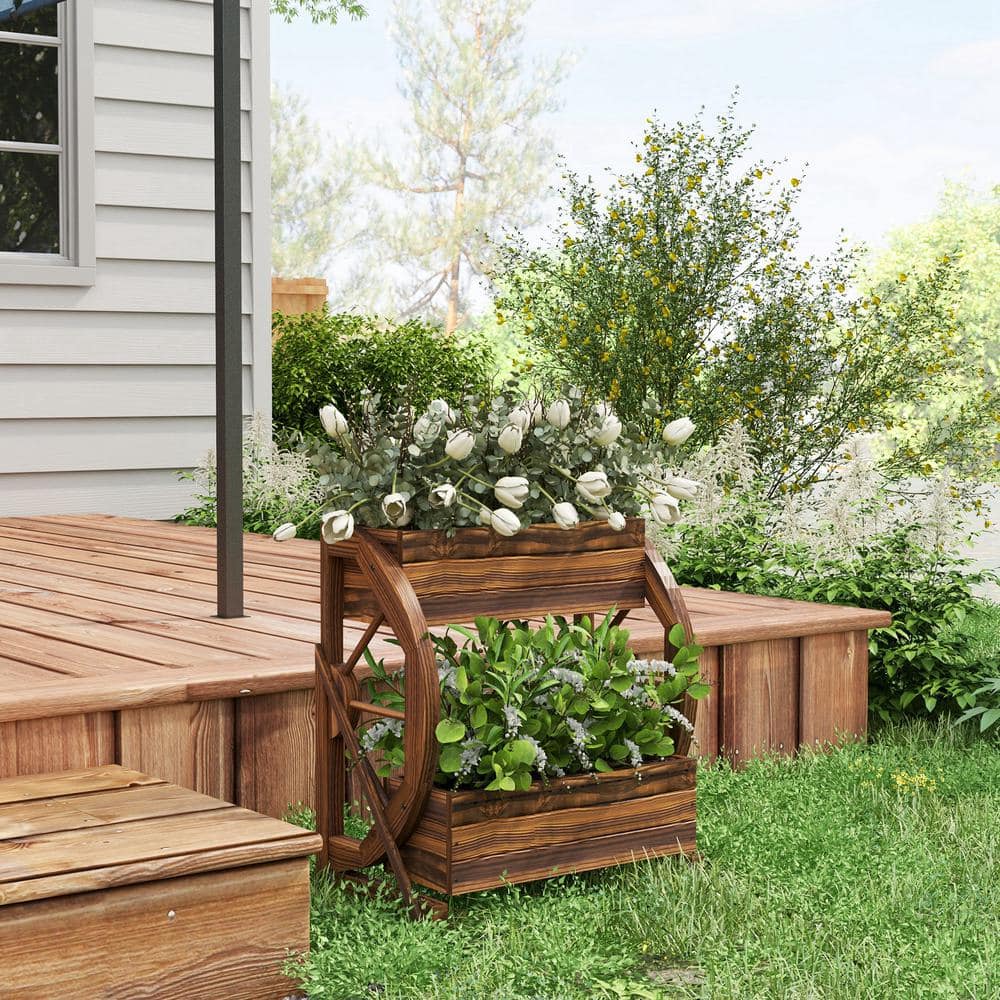 Rustic Dark Brown Wooden Wagon Wheel Planter Box