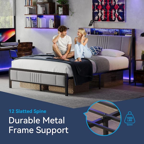 Gray Iron Frame Queen Platform Bed with Storage Headboard, Charging Station, Led Lights, No Box Spring Needed, Noiseless