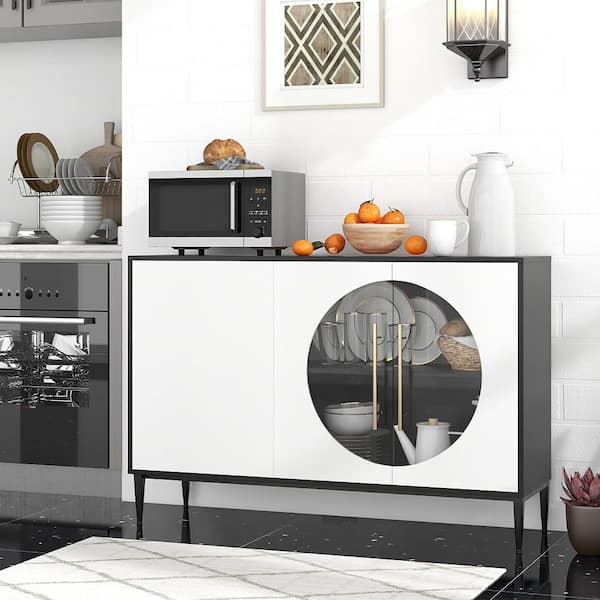 White plus Black Wood 47 in. Sideboard Cabinet with Tempered Glass Door Elevated Metal Legs Free-standing