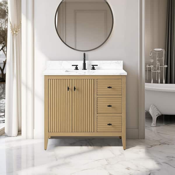Vanity Art 36 in. W x 22 in. D x 38 in. H Single Sink Bathroom Vanity Cabinet in Linear Natural Oak with Engineered Marble Top