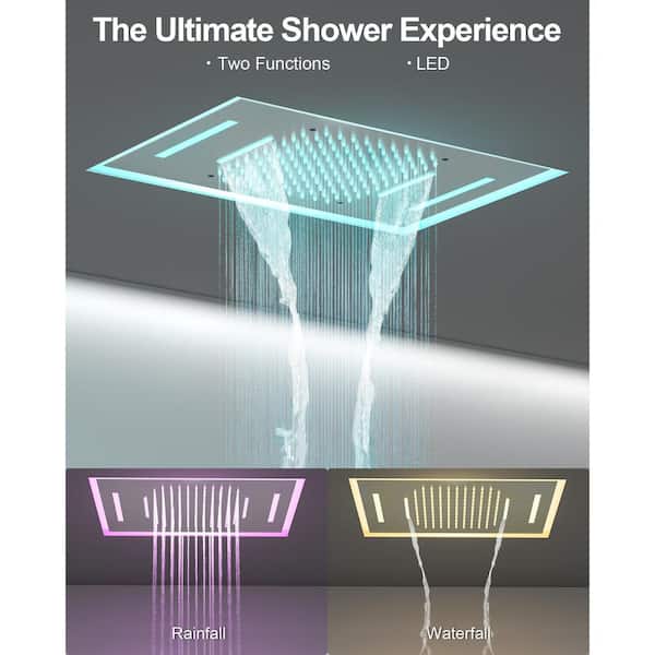 Smart LED Luxury 23 x 15 in. 15-Spray Multi-Function Wall Bar Shower Kit with 6-Body Spray Brushed Nickel Valve Included