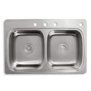 Verse 33 in. Drop-in Double Bowl 20 Gauge Stainless Steel Kitchen Sink with 4-Holes