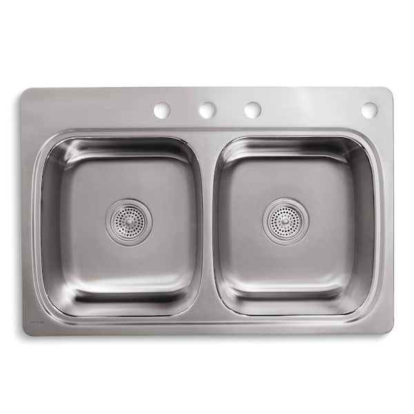 KOHLER Verse 33 in. Drop-in Double Bowl 20 Gauge Stainless Steel Kitchen Sink with 4-Holes