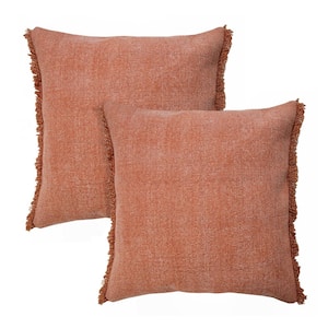 Nina Burnt Orange Solid Color Fringed Stonewashed 20 in. x 20 in. Throw Pillow Set of 2
